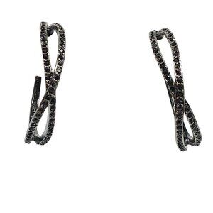 Silver Tone Black Crystal Rhinestone Double Hoop Earrings 1990s